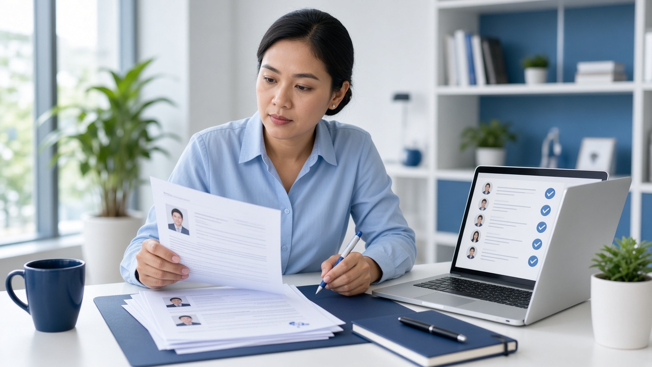 HR recruiter melakukan background check karyawan dengan memeriksa CV dan dokumen kandidat